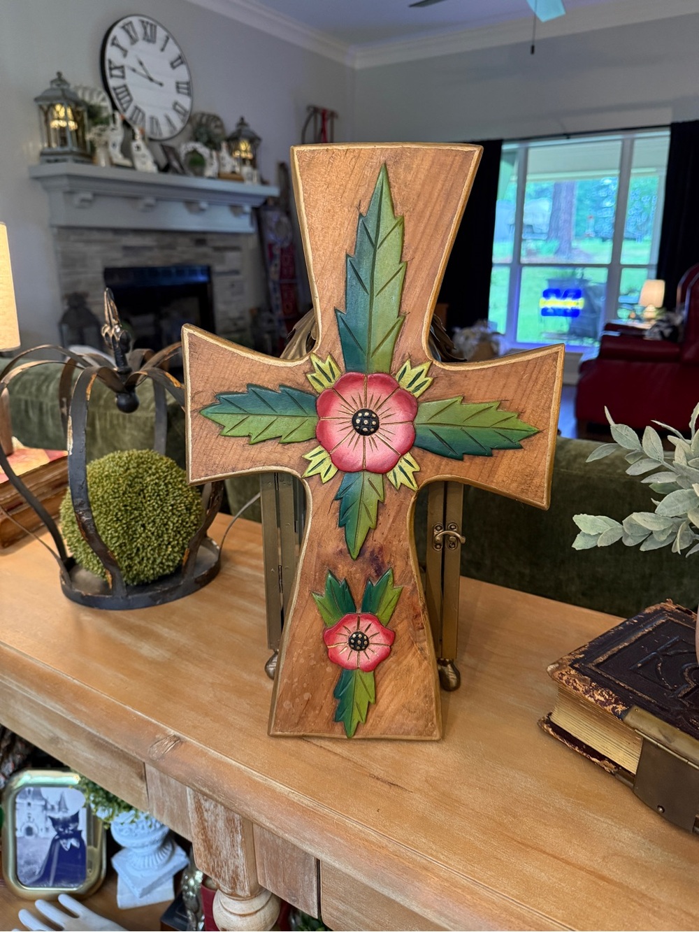 OOAK Large Hand-Carved/Painted Wooden Cross - Picture 3 of 13
